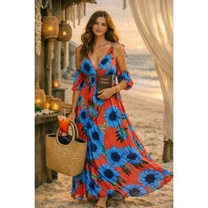 Boho Floral Maxi Sundress M/L Red Blue EUC